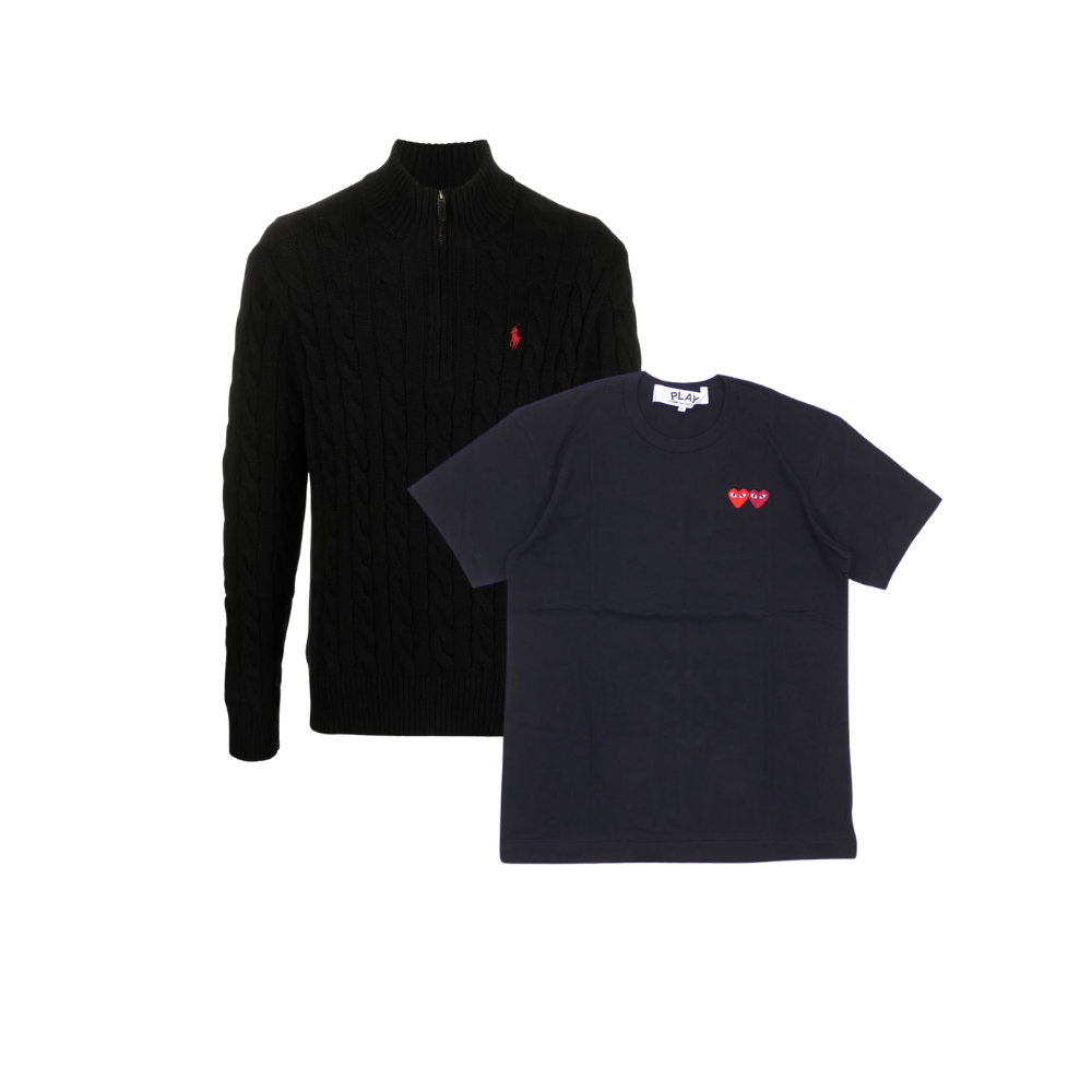 KIT Suéter Ralph Lauren Quarter Zip preto + Camisa CDG Play Double Hearts