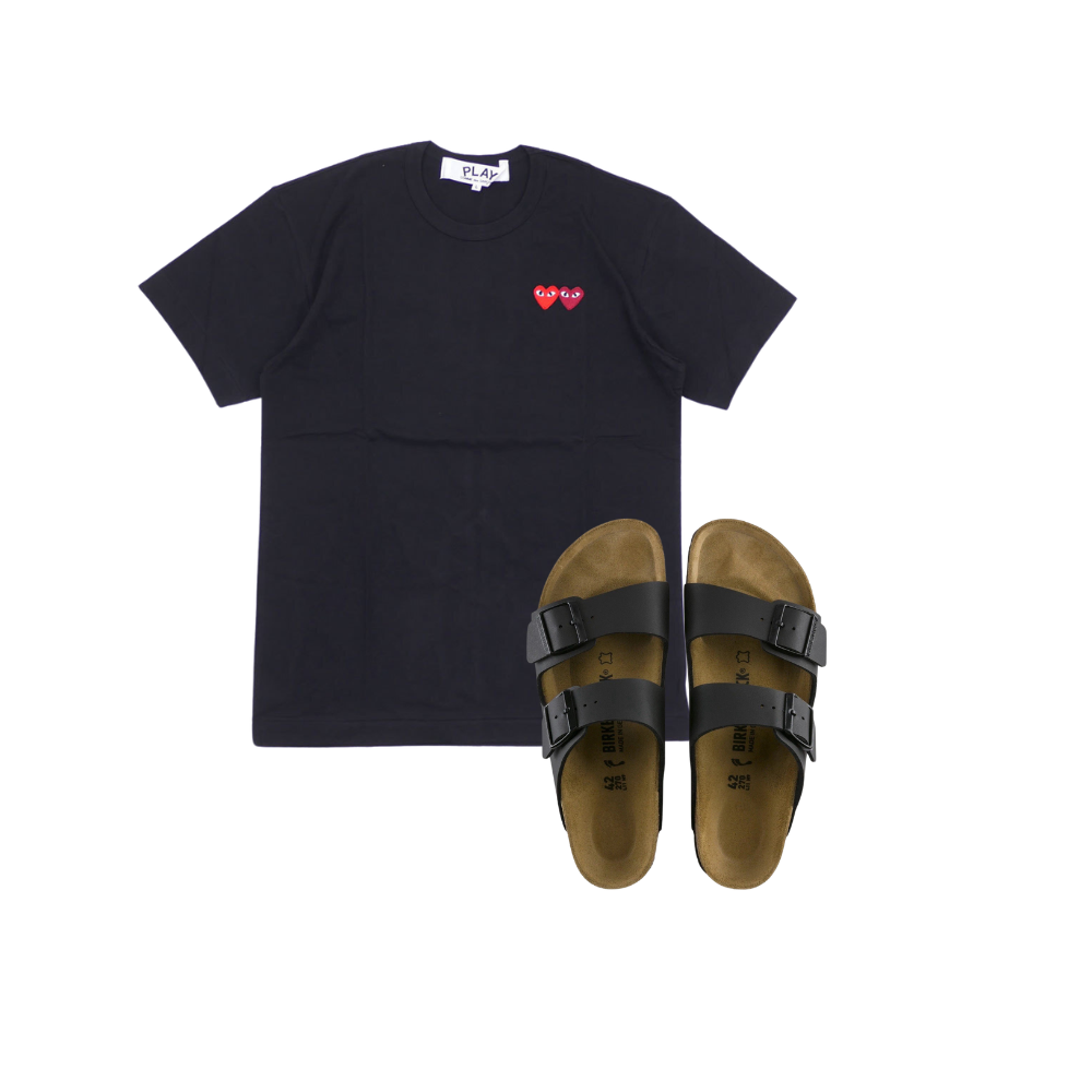 KIT Camisa CDG Play Double Hearts + Birkenstock Arizona Preta de Couro