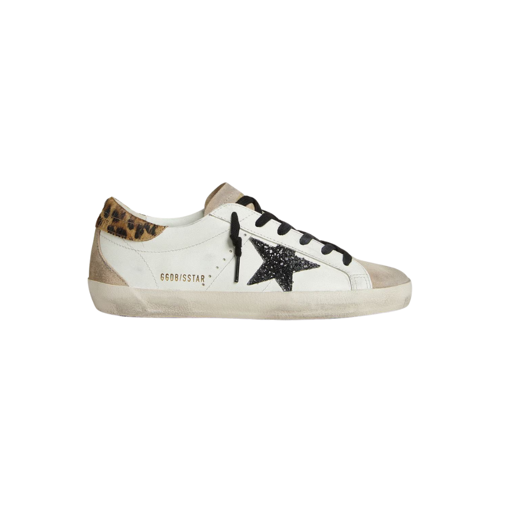 Tênis Golden Goose black glitter star and leopard-print pony skin heel